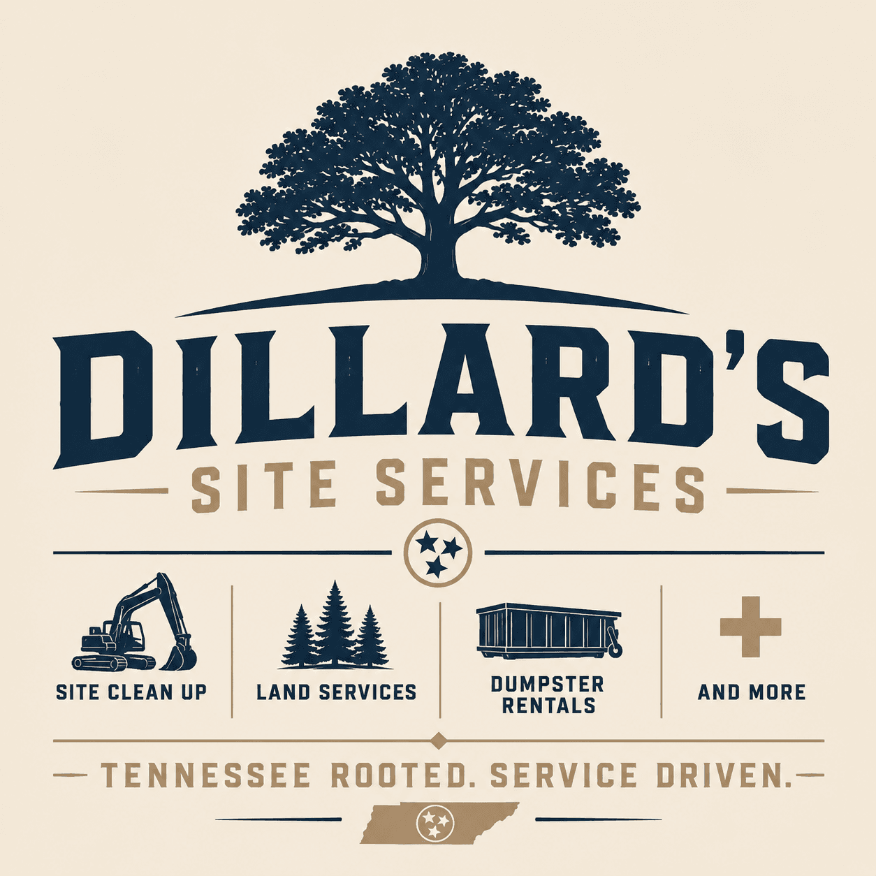 Dillard's Site Services logo featuring a Tennessee oak tree and the words Site Clean Up, Land Services, Dumpster Rentals, and More